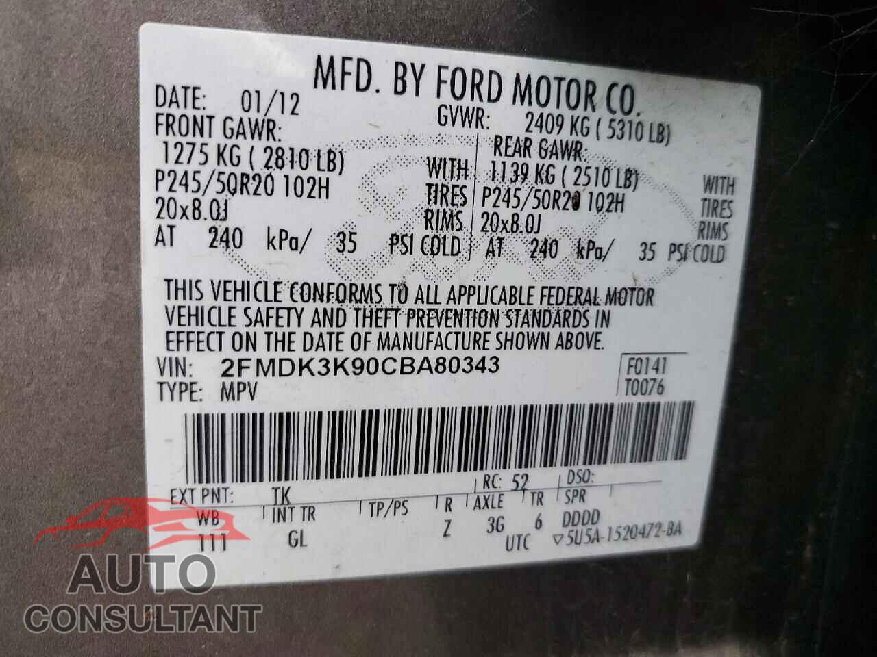 FORD EDGE 2012 - 2FMDK3K90CBA80343