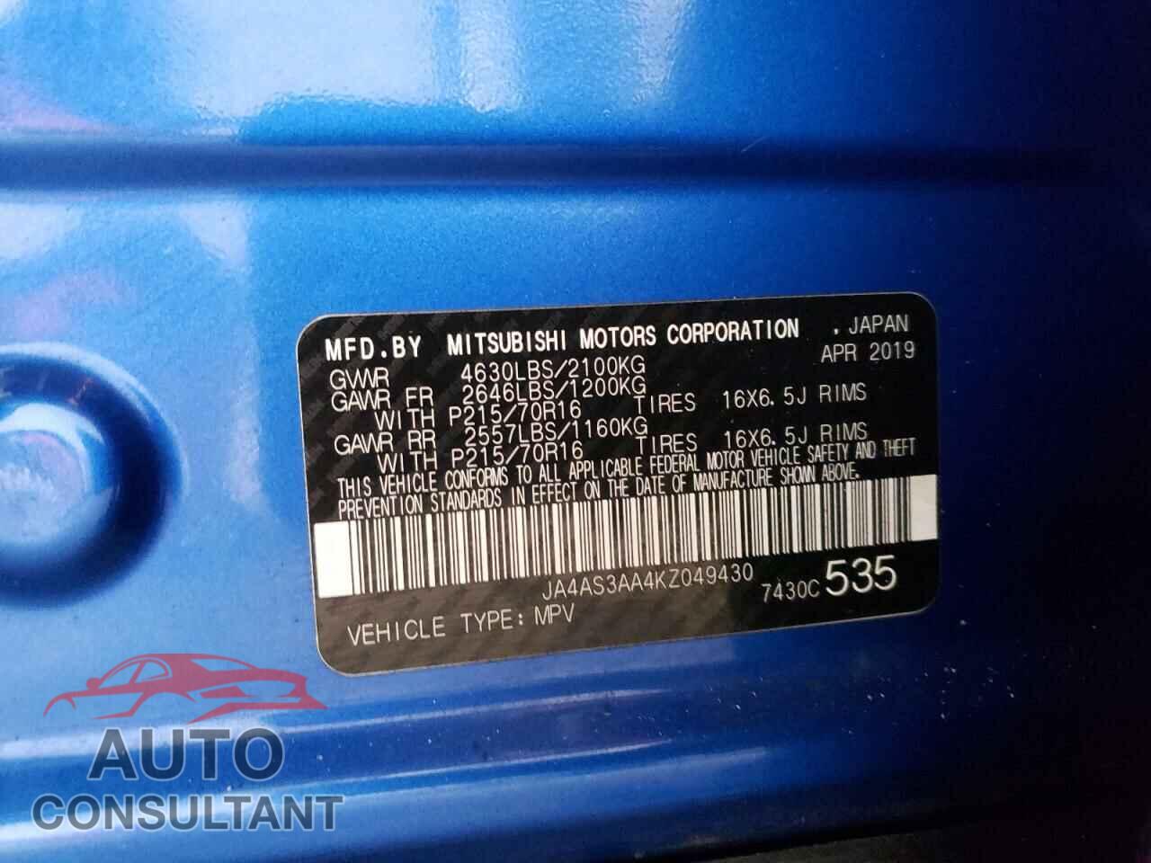 MITSUBISHI ECLIPSE 2019 - JA4AS3AA4KZ049430