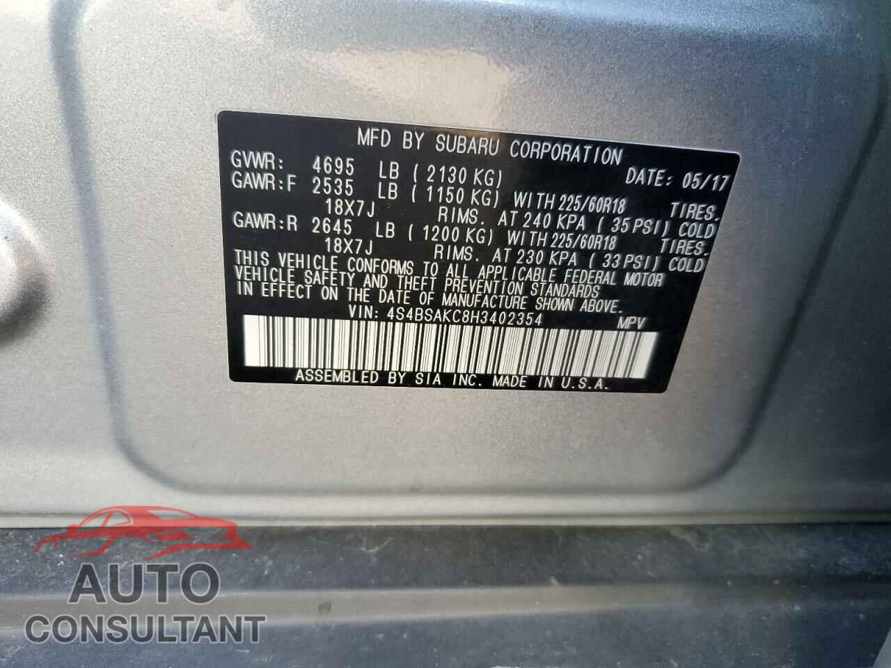 SUBARU OUTBACK 2017 - 4S4BSAKC8H3402354