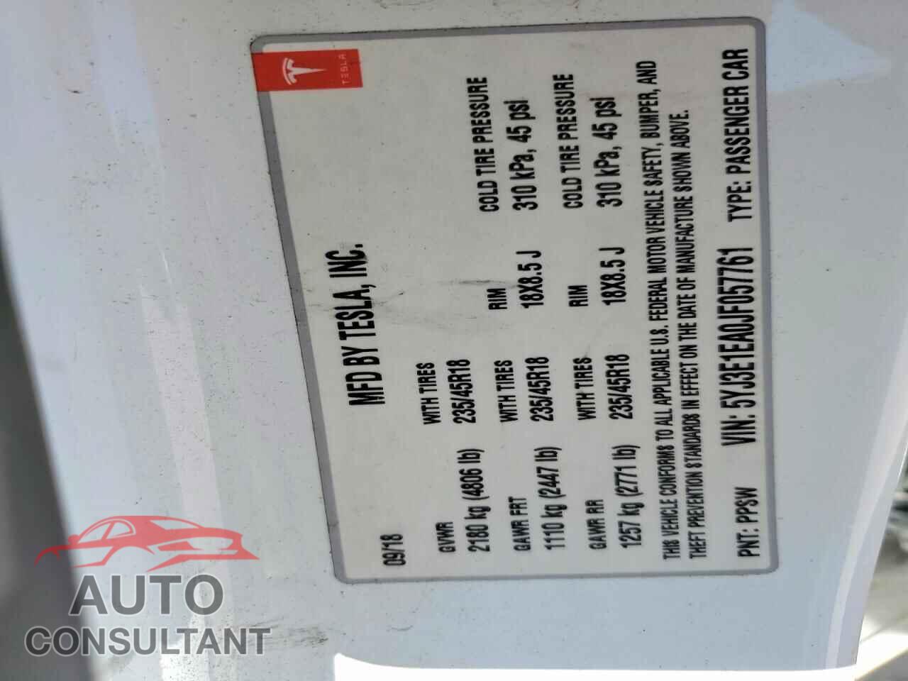 TESLA MODEL 3 2018 - 5YJ3E1EA0JF057761