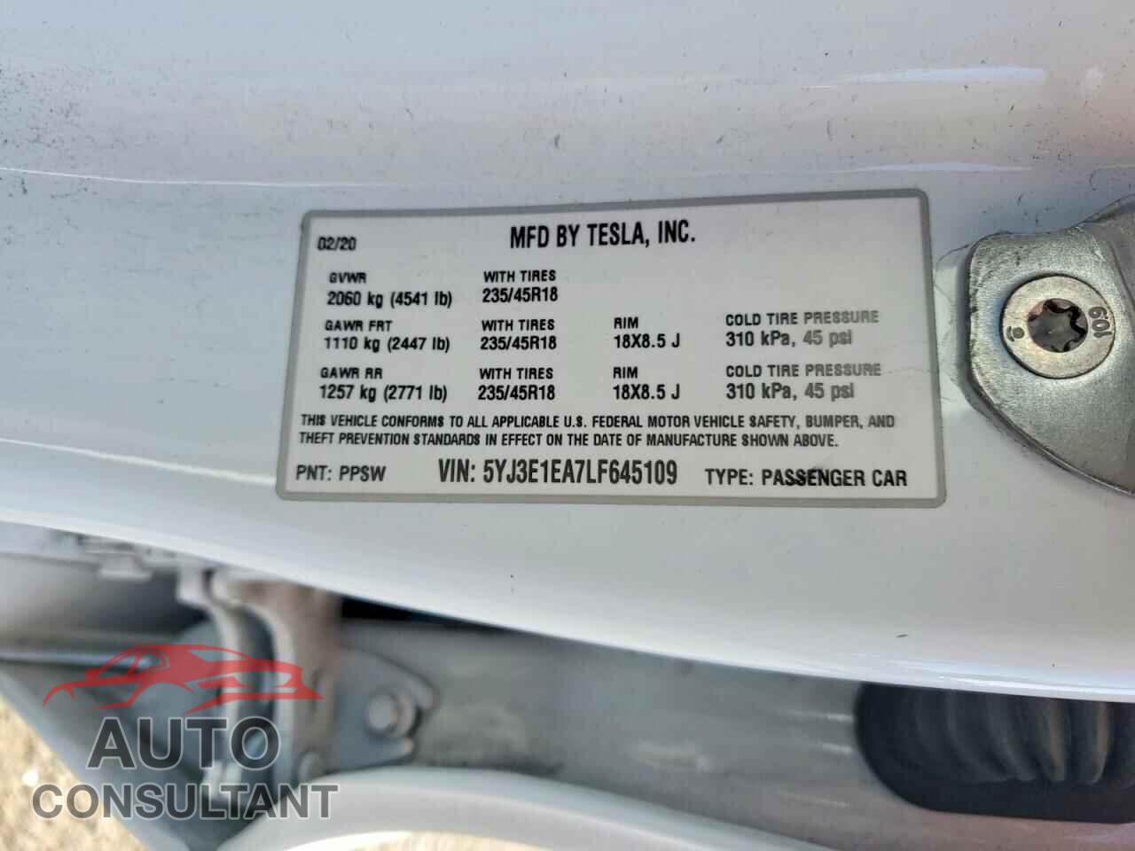 TESLA MODEL 3 2020 - 5YJ3E1EA7LF645109