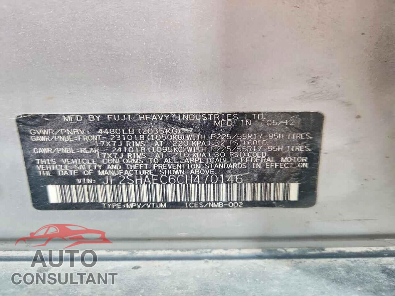 SUBARU FORESTER 2012 - JF2SHAEC6CH470146