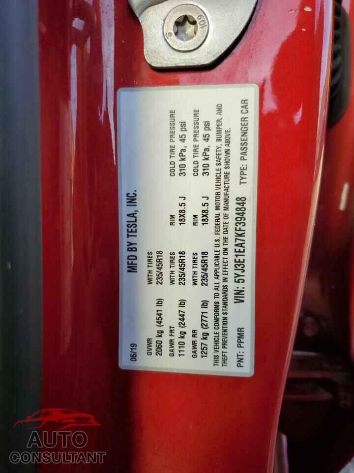 TESLA MODEL 3 2019 - 5YJ3E1EA7KF394848