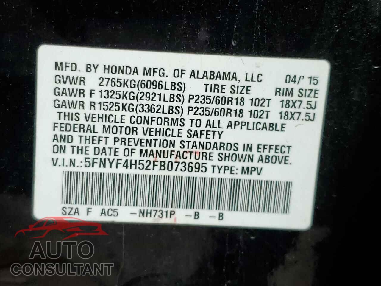 HONDA PILOT 2015 - 5FNYF4H52FB073695