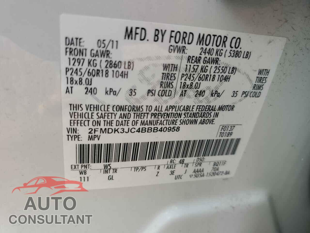 FORD EDGE 2011 - 2FMDK3JC4BBB40958