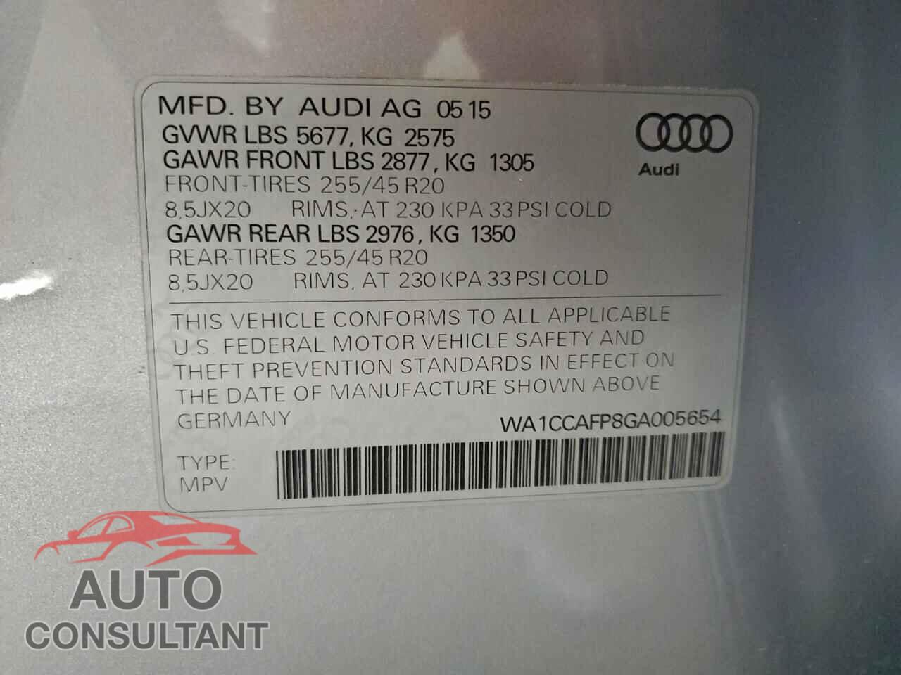 AUDI SQ5 2016 - WA1CCAFP8GA005654