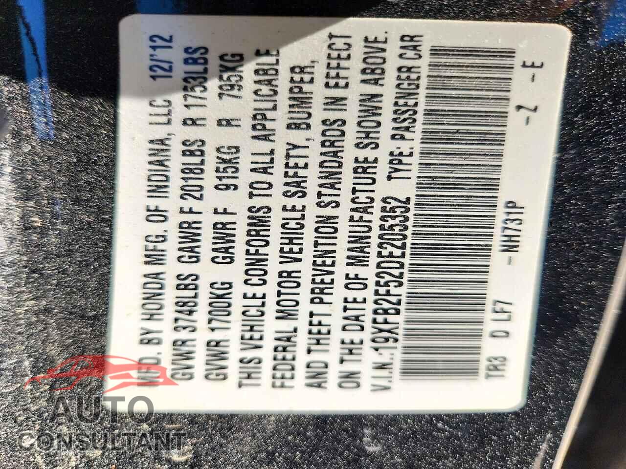HONDA CIVIC 2013 - 19XFB2F52DE205352