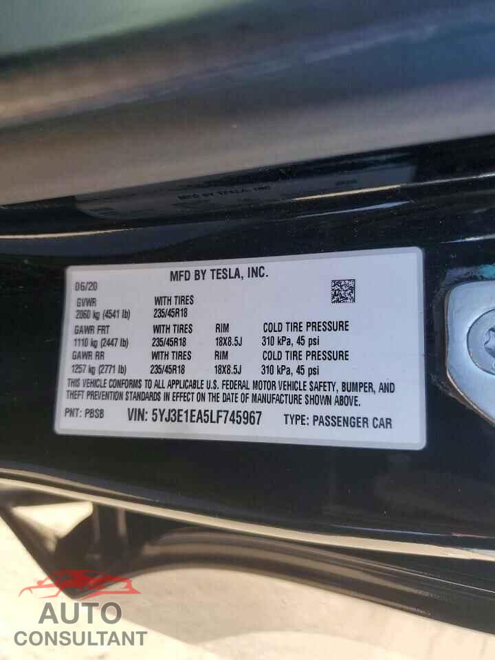 TESLA MODEL 3 2020 - 5YJ3E1EA5LF745967