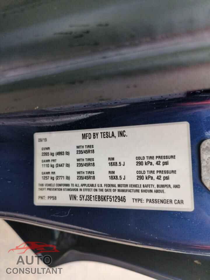 TESLA MODEL 3 2019 - 5YJ3E1EB6KF512946