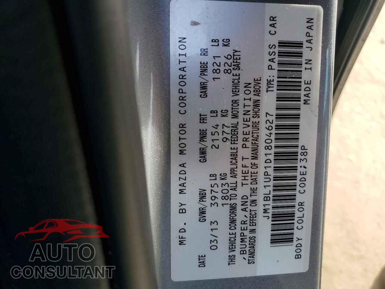 MAZDA 3 2013 - JM1BL1UP1D1804627