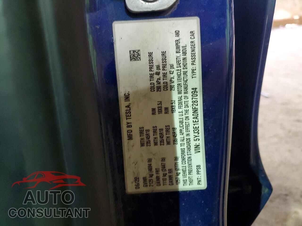 TESLA MODEL 3 2022 - 5YJ3E1EA0NF287094