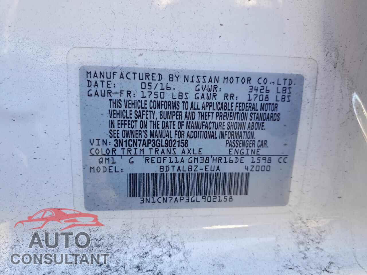 NISSAN VERSA 2016 - 3N1CN7AP3GL902158