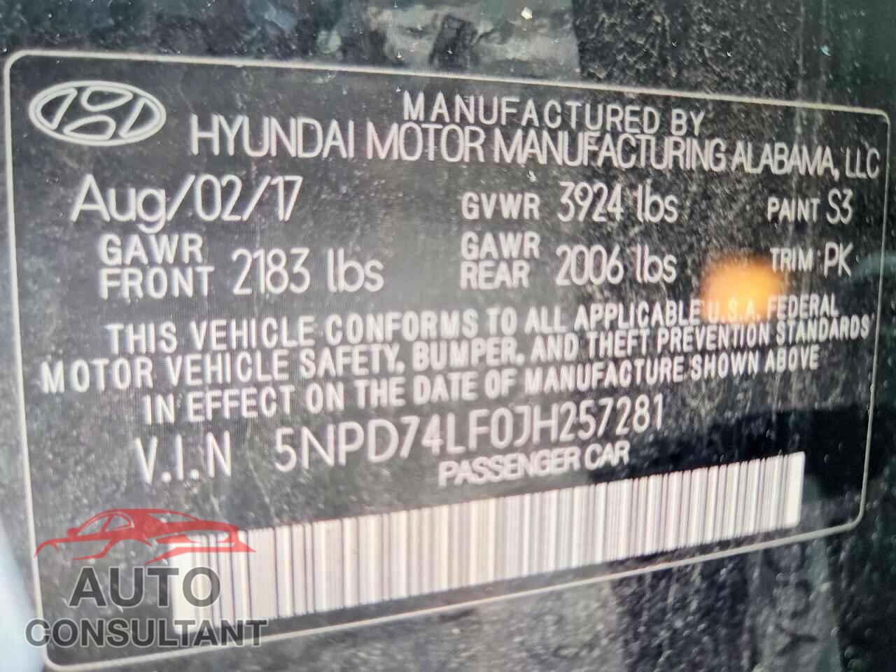 HYUNDAI ELANTRA 2018 - 5NPD74LF0JH257281