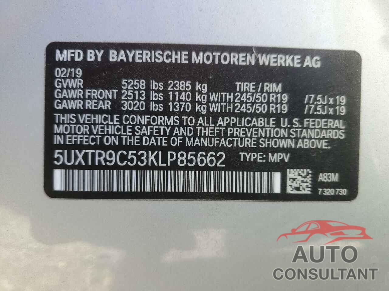 BMW X3 2019 - 5UXTR9C53KLP85662
