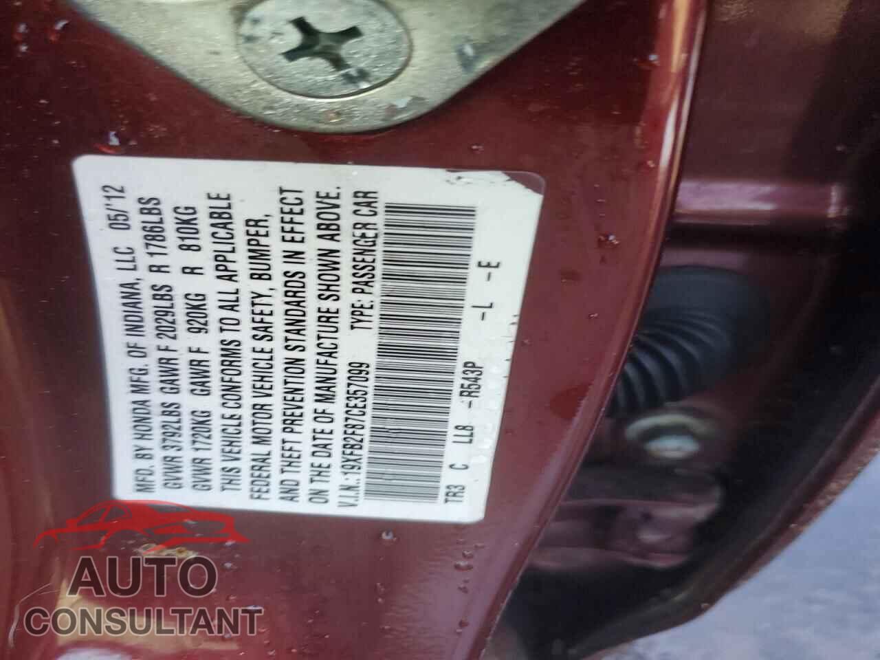 HONDA CIVIC 2012 - 19XFB2F87CE357099