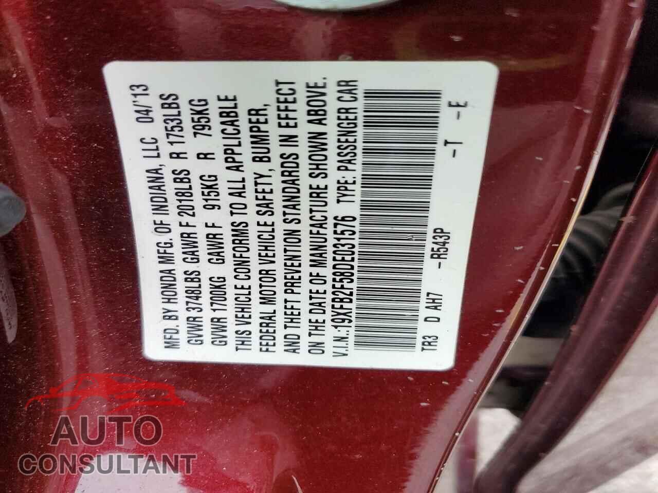 HONDA CIVIC 2013 - 19XFB2F58DE031576