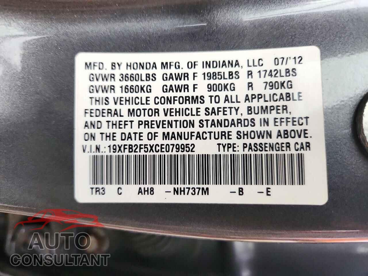 HONDA CIVIC 2012 - 19XFB2F5XCE079952