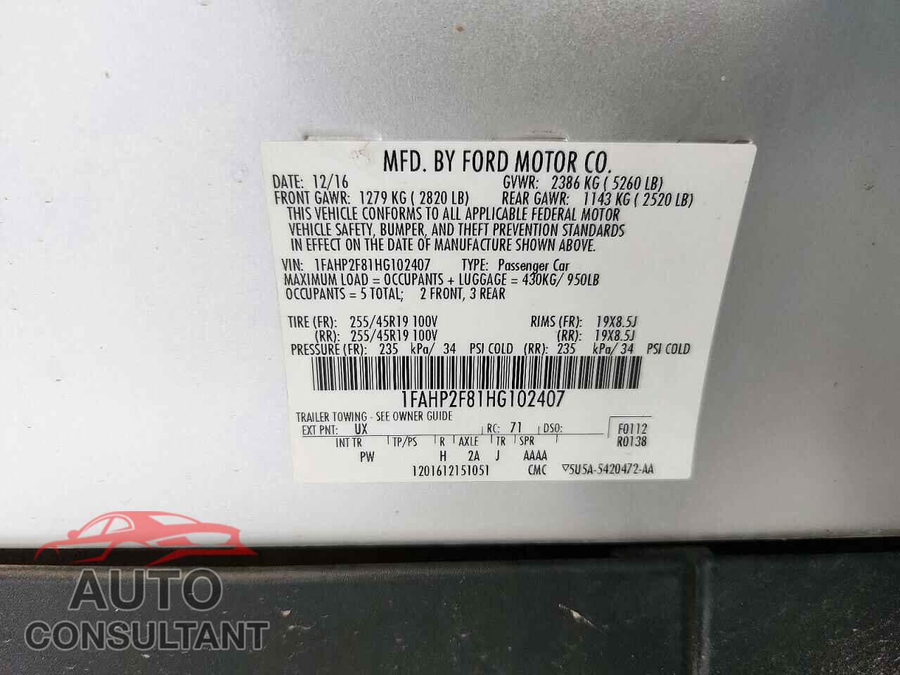 FORD TAURUS 2017 - 1FAHP2F81HG102407