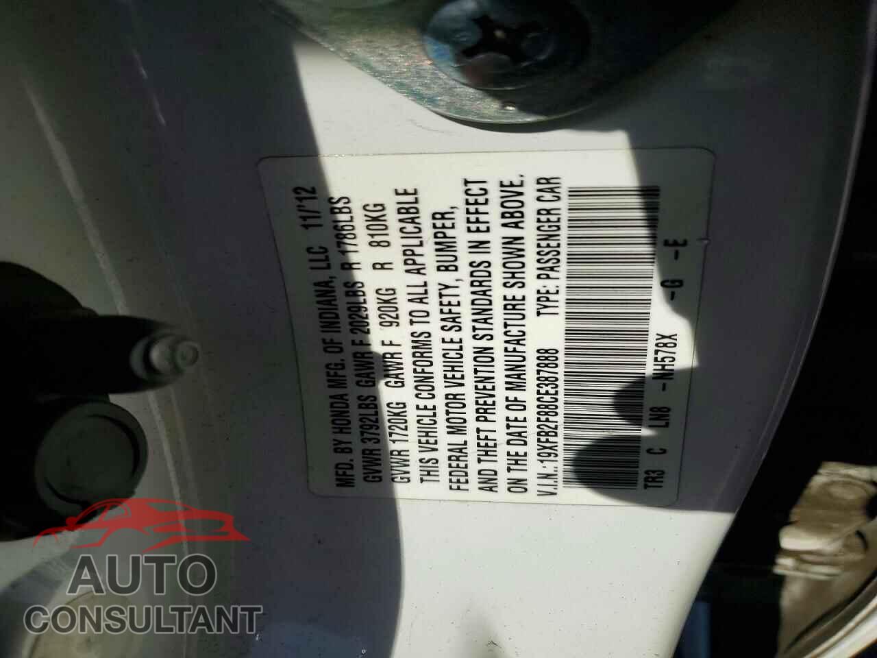 HONDA CIVIC 2012 - 19XFB2F88CE387888