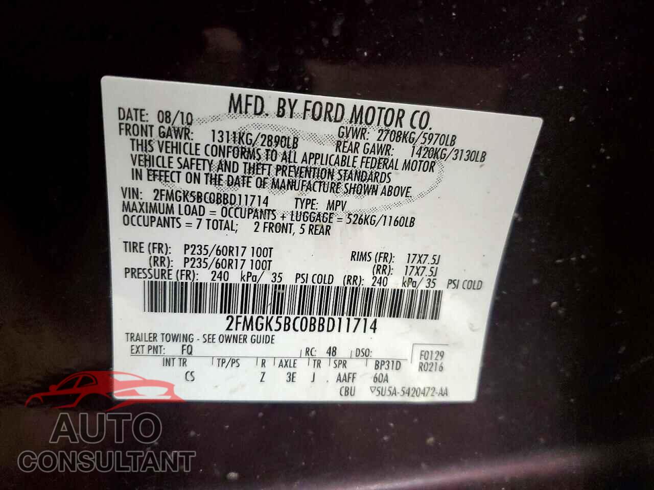FORD FLEX 2011 - 2FMGK5BC0BBD11714