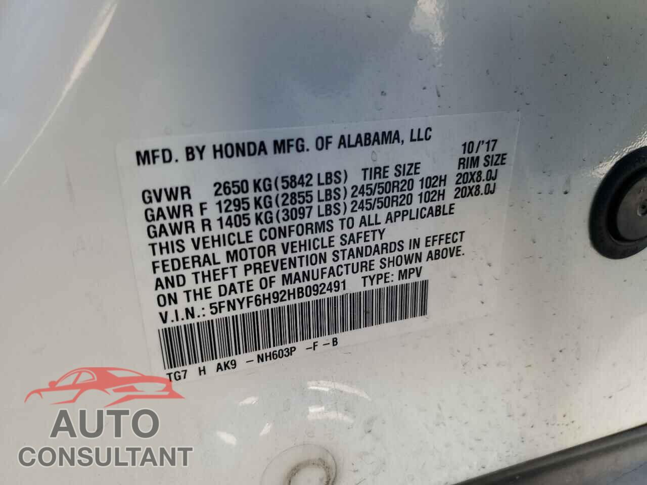 HONDA PILOT 2017 - 5FNYF6H92HB092491