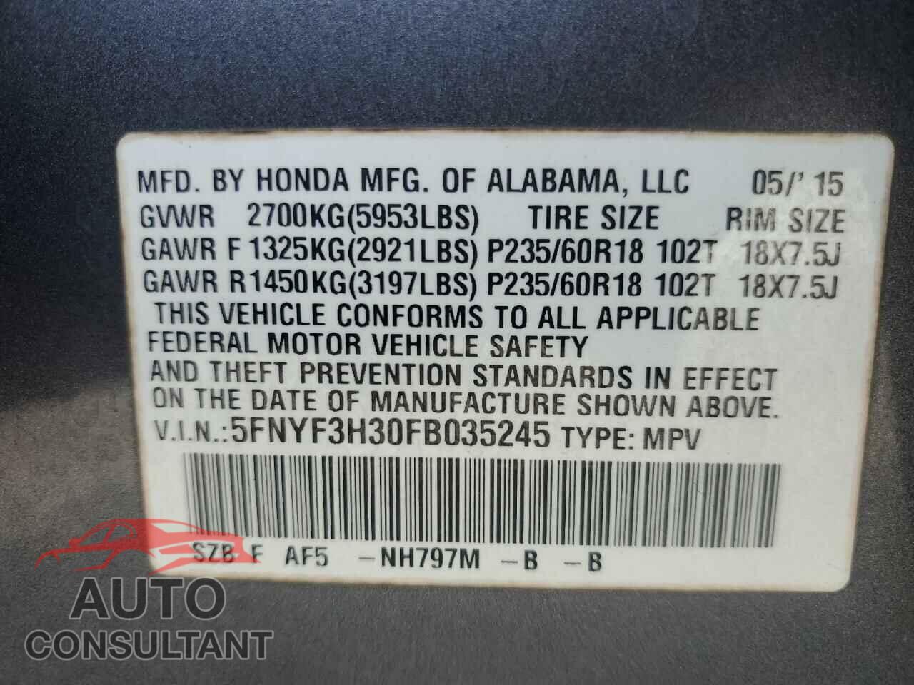 HONDA PILOT 2015 - 5FNYF3H30FB035245