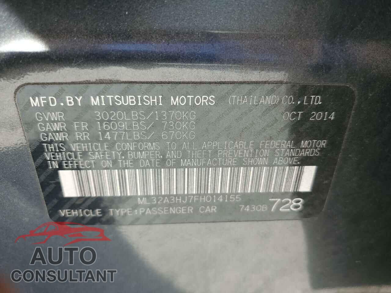 MITSUBISHI MIRAGE 2015 - ML32A3HJ7FH014155
