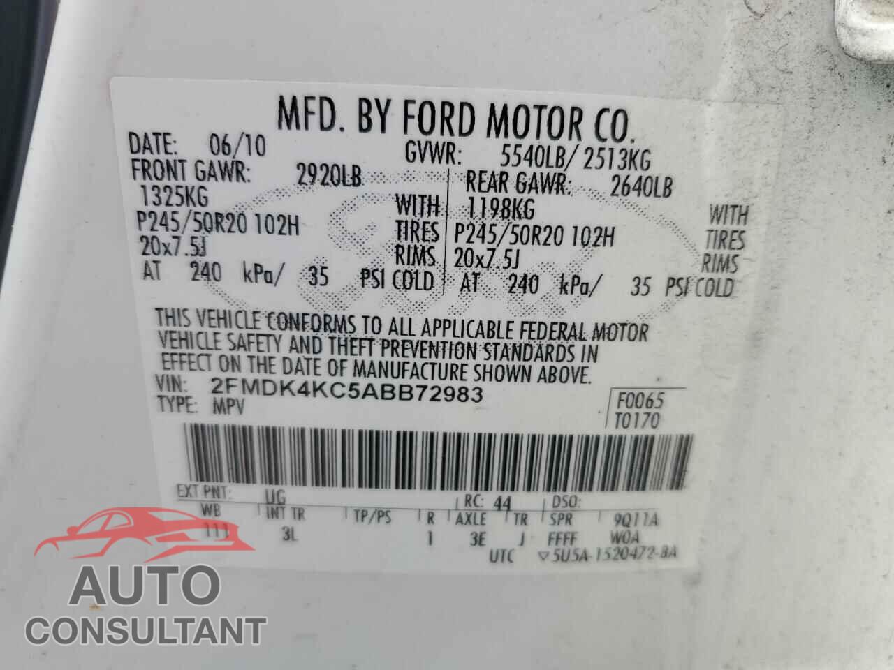 FORD EDGE 2010 - 2FMDK4KC5ABB72983