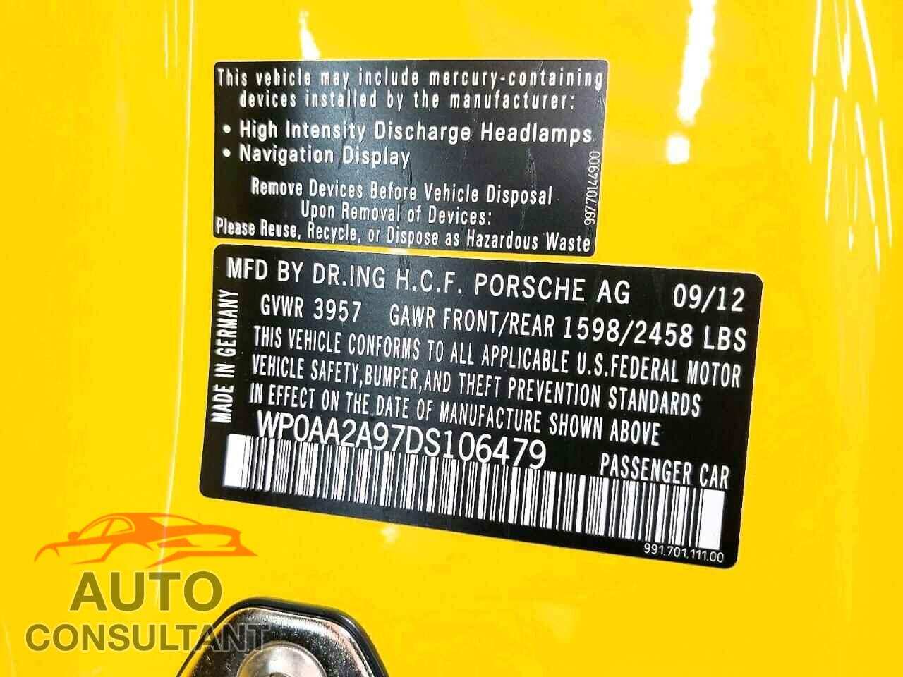 PORSCHE 911 2013 - WP0AA2A97DS106479