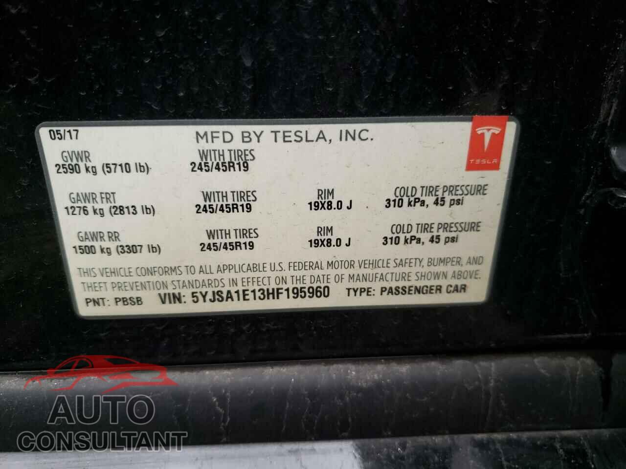 TESLA MODEL S 2017 - 5YJSA1E13HF195960