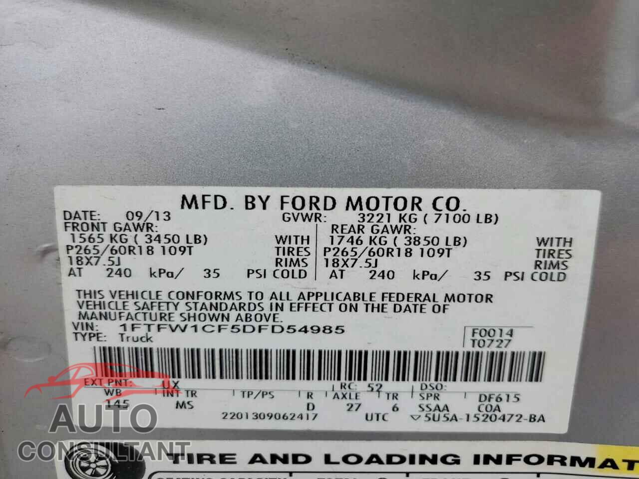 FORD F150 2013 - 1FTFW1CF5DFD54985
