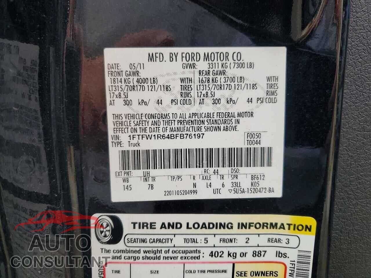 FORD F150 2011 - 1FTFW1R64BFB76197