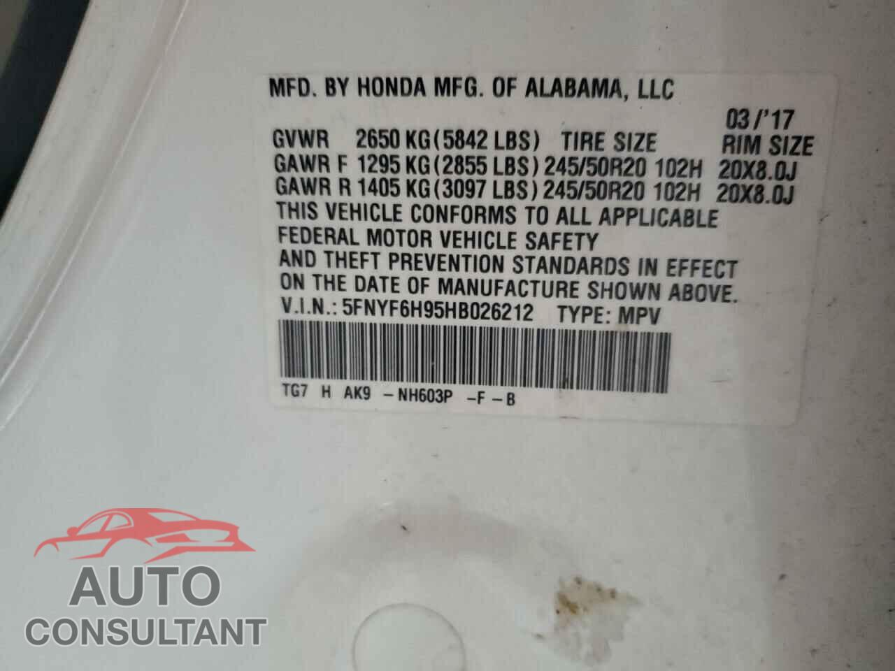 HONDA PILOT 2017 - 5FNYF6H95HB026212