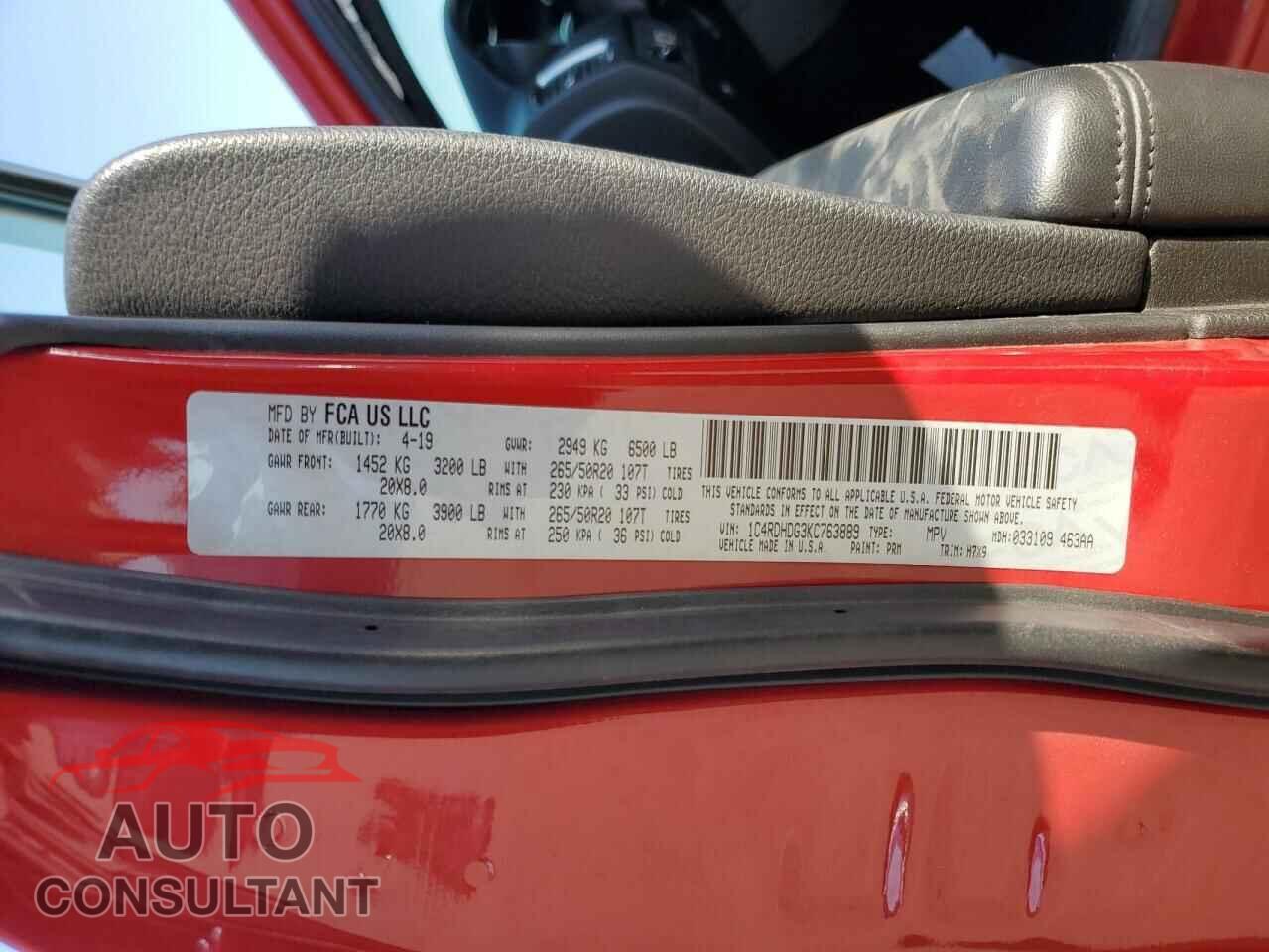 DODGE DURANGO 2019 - 1C4RDHDG3KC763889
