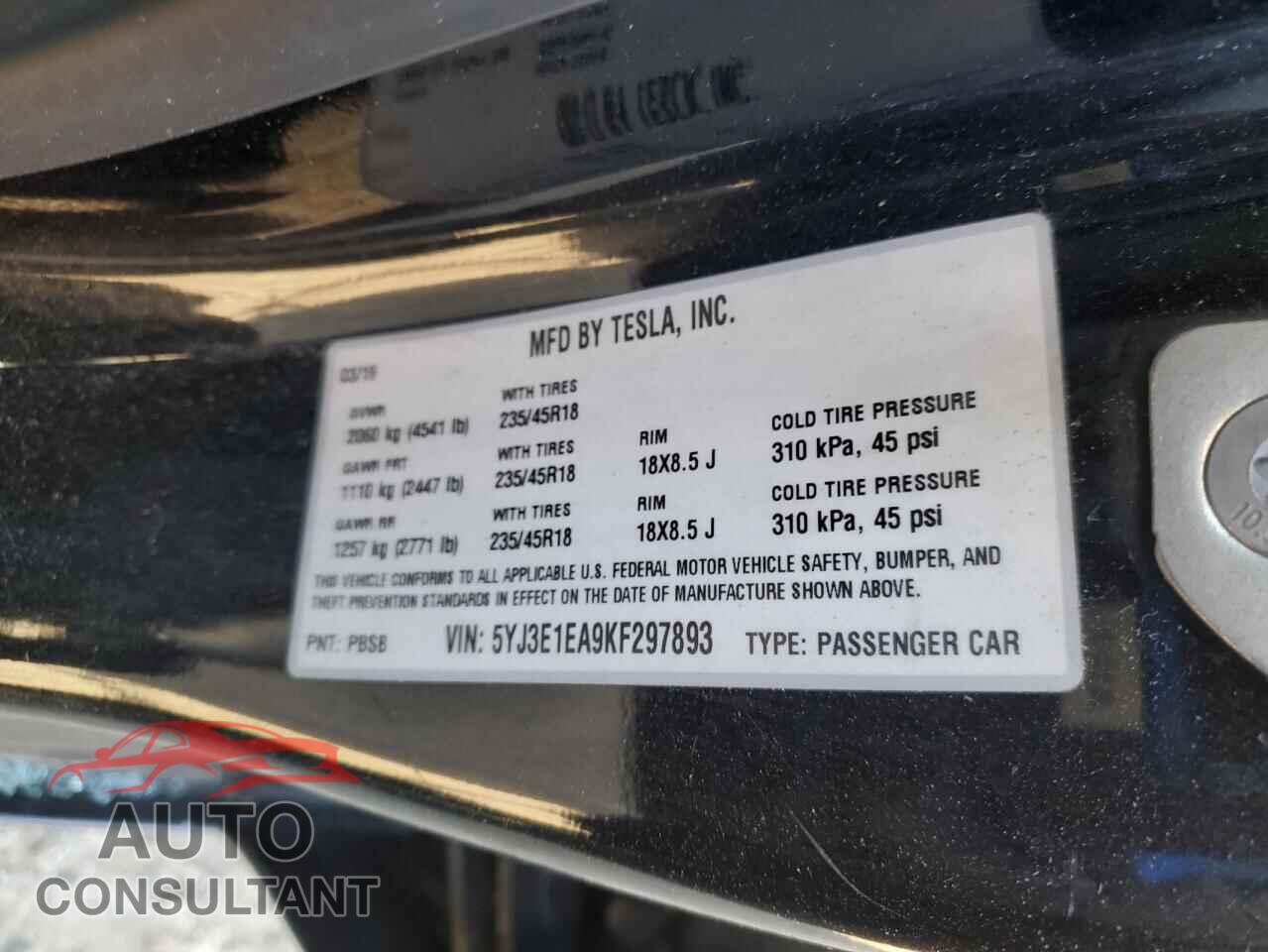TESLA MODEL 3 2019 - 5YJ3E1EA9KF297893