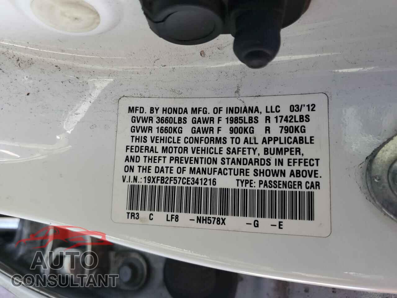 HONDA CIVIC 2012 - 19XFB2F57CE341216