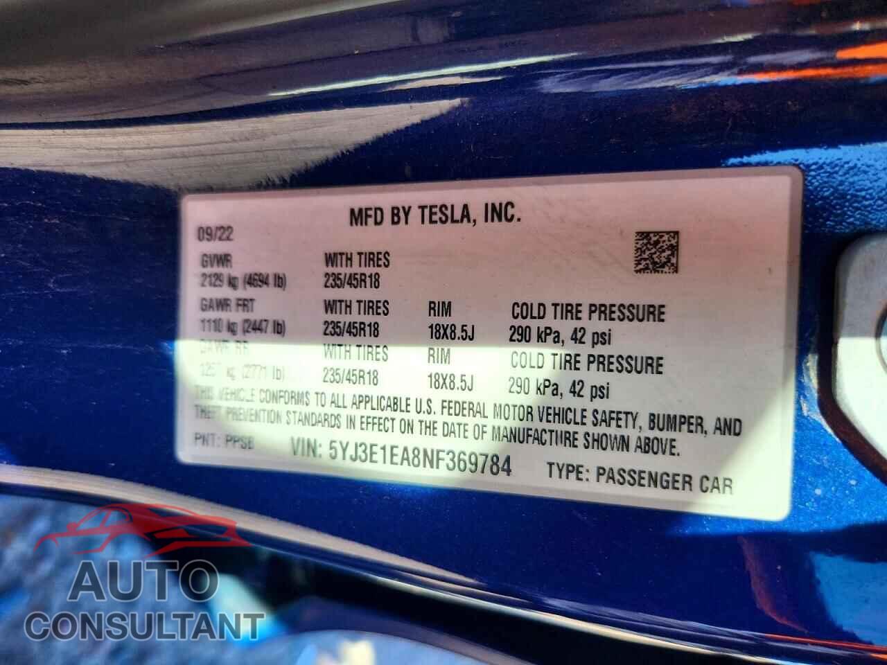 TESLA MODEL 3 2022 - 5YJ3E1EA8NF369784