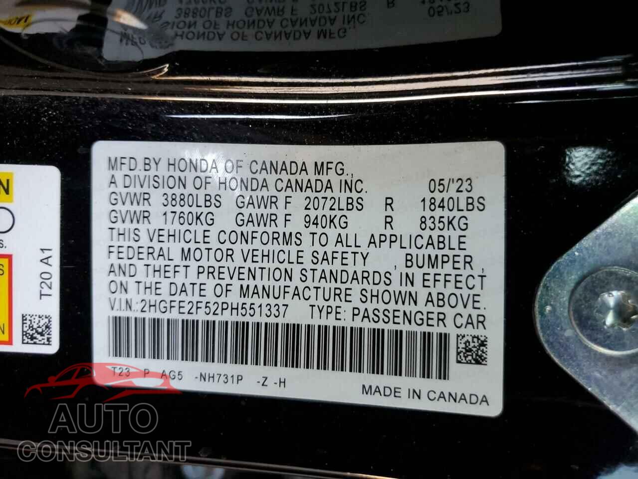 HONDA CIVIC 2023 - 2HGFE2F52PH551337