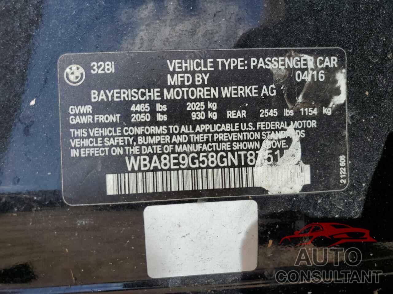 BMW 3 SERIES 2016 - WBA8E9G58GNT87515