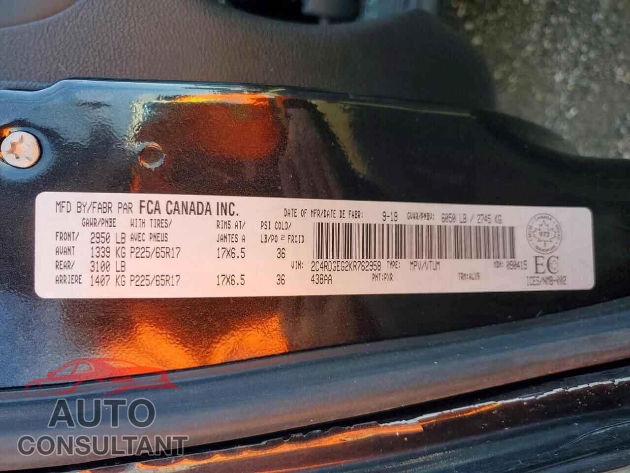 DODGE CARAVAN 2019 - 2C4RDGEG2KR762958