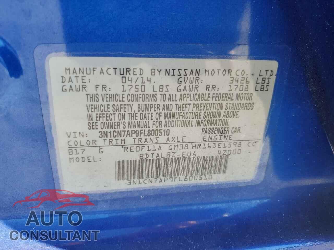 NISSAN VERSA 2015 - 3N1CN7AP9FL800510