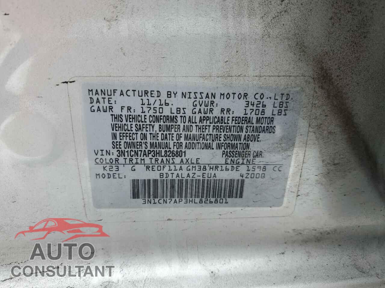 NISSAN VERSA 2017 - 3N1CN7AP3HL826801