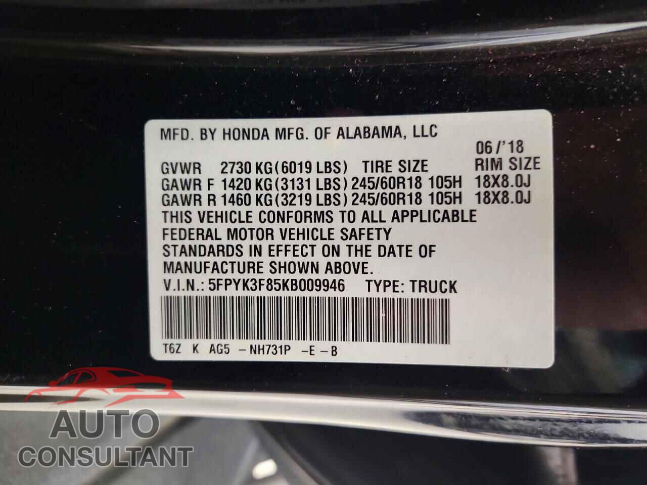 HONDA RIDGELINE 2019 - 5FPYK3F85KB009946