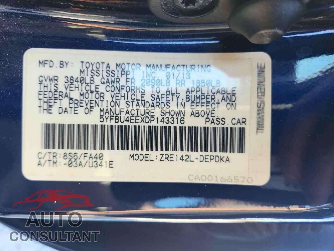 TOYOTA COROLLA 2013 - 5YFBU4EEXDP143316