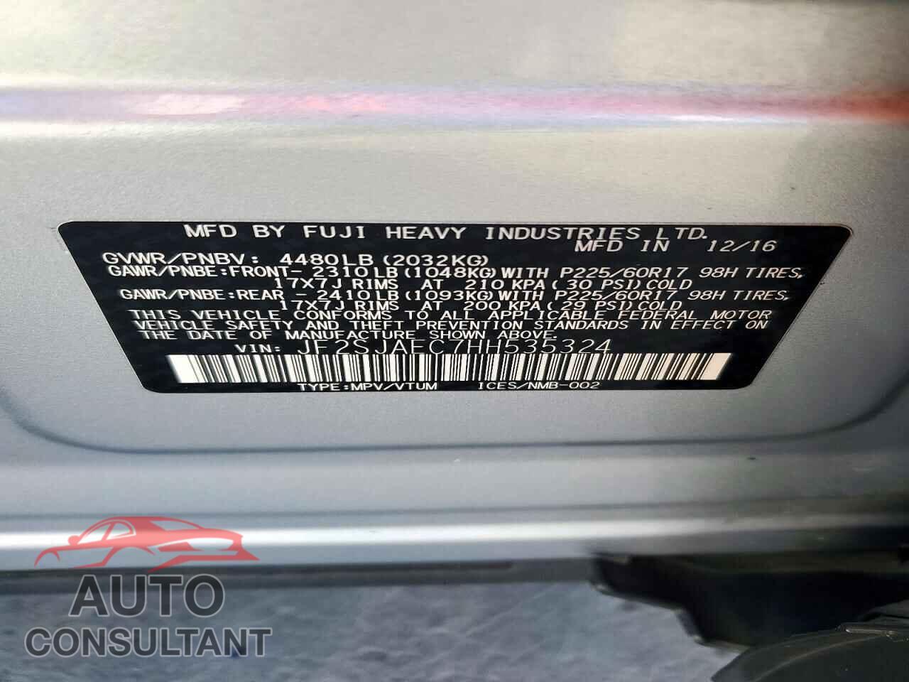 SUBARU FORESTER 2017 - JF2SJAEC7HH535324
