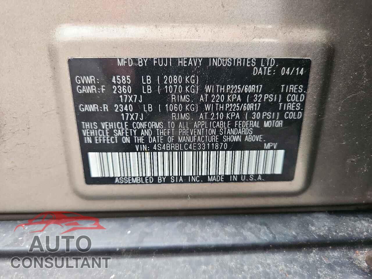 SUBARU OUTBACK 2014 - 4S4BRBLC4E3311870