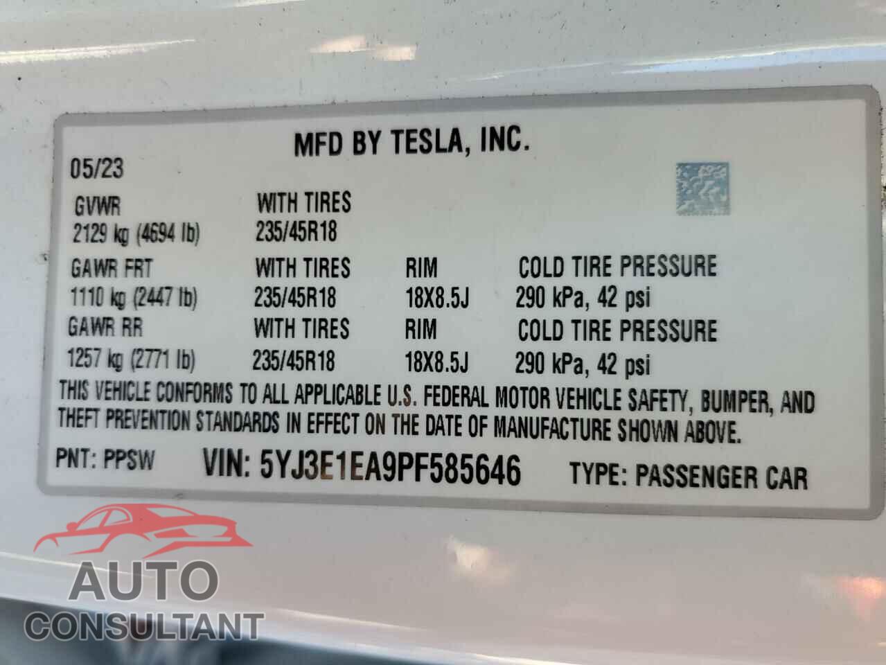 TESLA MODEL 3 2023 - 5YJ3E1EA9PF585646