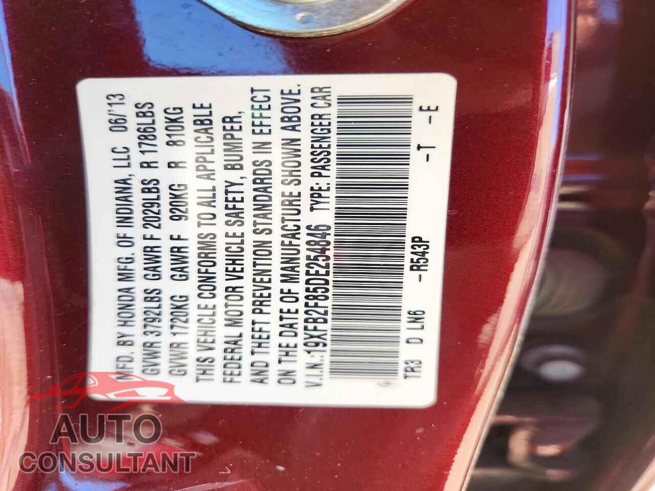 HONDA CIVIC 2013 - 19XFB2F85DE254846