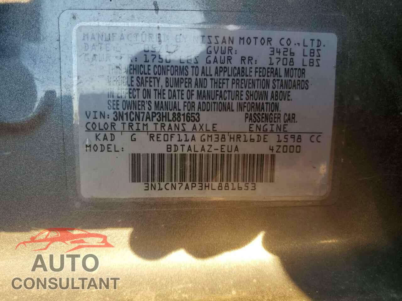 NISSAN VERSA 2017 - 3N1CN7AP3HL881653