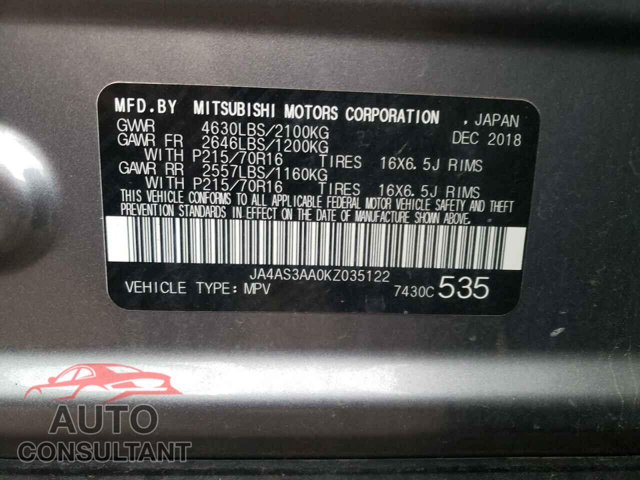 MITSUBISHI ECLIPSE 2019 - JA4AS3AA0KZ035122